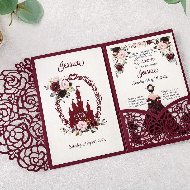 DreamBuilt 4.7 x7 inch 50PCS Blank Burgundy Quinceanera Invitations Kit Laser Cut Hollow Rose Pocket Quinceanera Invitation Cards with Envelopes for Bridal Shower Quincenera Birthday Invite - Image 3